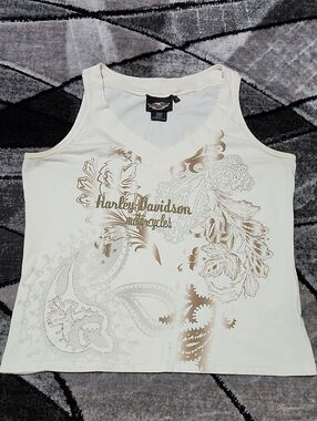 HARLEY DAVIDSON OFF WHITE METALLIC BRONZE PAISLEY/FLORAL RHINESTONES TANK-TOP
